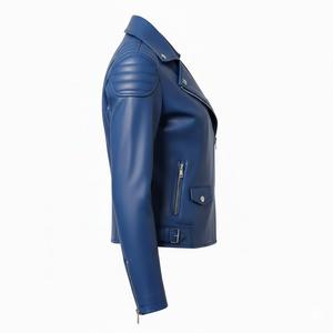 Veste de moto en cuir bleu tendance pour femmes, vente en gros personnalisée, prix d'usine, style motard authentique, manteau pour femmes, service OEM - Product Image 4