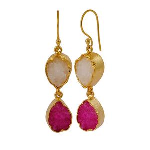 Boucles d'oreilles goutte de pierres précieuses Druzy blanc et rose plaqué or fait à la main Dangle Fashion Druzy Gemstone Boucle d'oreille - Product Image 1