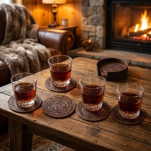 Sous-verres en cuir de vachette avec incrustation en fer à cheval et bordure tressée en cuir naturel - Couleurs assorties - Product Image 3