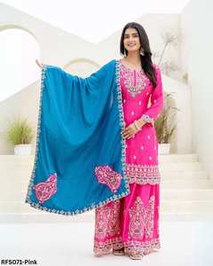 Ensemble de palazzo en soie romaine brodée de qualité supérieure avec broderie complexe, couleurs vibrantes et dupatta en organza, parfait pour les fêtes - Product Image 1