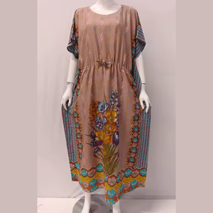 Casual Simple Floor-Length Floral Sweet Oversized Kaftan Short Sleeve <b>Dress</b> Drawstring Elastic Waist High Premium Rayon - Product Image 1