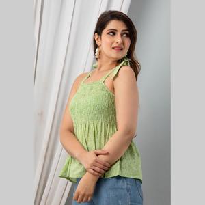 Light Green Cotton Poplin Sleeveless Tank <b>Top</b> with Smocked Detail Printed Design - Product Image 3