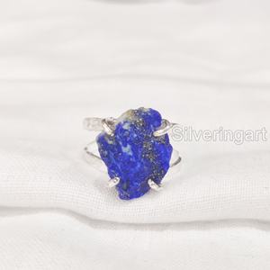 Anillo de Plata de Ley 925 con Piedra Natural de Lapislázuli en Bruto para Mujer, Joyería de Banda Martillada, Regalo de Navidad - Product Image 3