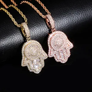 Novedad 2023 Joyería Hip Hop al por mayor Collar con colgante de mano de Fátima Hamsa chapado en oro de 18k con circonitas y diamantes incrustados - Product Image 2