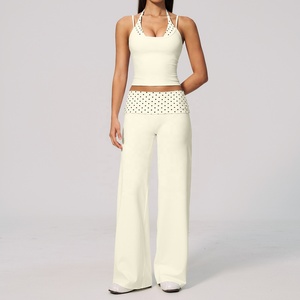 Custom Cream Halter Crop Top High Waist Wide Leg Pants 2 Piece Yoga Set Dot Pattern Spandex Polyester Breathable Seamless - Product Image 1