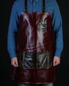 Burgundy dark red leather <b>apron</b> with contrast pockets and fabric lining premium cowhide leather <b>apron</b> comfortable work <b>apron</b> - Product Image 6