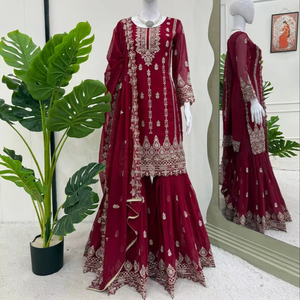 Designer Exclusive Foux Gorgette <b>Top</b> Reversible Sharara with Dupatta for Indian & Pakistani Weddings Parties Diwali Celebrations - Product Image 1