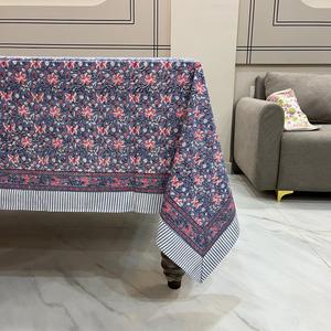 Grey Blue, Cornus florida Pink Floral Indian Hand Block Printed cloth Tablecloth, Handcrafted Cloth <b>Table</b> <b>Cover</b>, Christmas - Product Image 1
