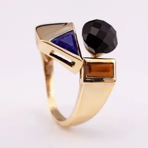 Silver Fashion Jewelry 14K gold plated silver 925 adjustable ring with natural lapis tiger eye onyx high quality from Thailand