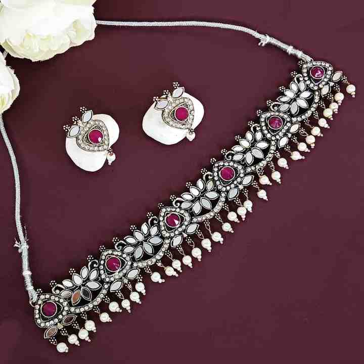 Indian Ethnic Bridal Set Faux Pearl Lotus Choker Necklace & Crystal Rhinestone Floral Stud Earrings Diamond Main Stone for Women