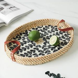 Best Selling Rattan MOP Inlay Serving <b>Tray</b> Oval Shape With Leather Handle for Table Top and Kitchen Ware Items in Vietnam - Product Image 4