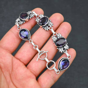 Bracelet unisexe de luxe en améthyste de laboratoire, argent sterling, coupe ovale 10x14 mm, 5 pierres, réglable, 7 à 8 pouces, magnifique violet - Product Image 3