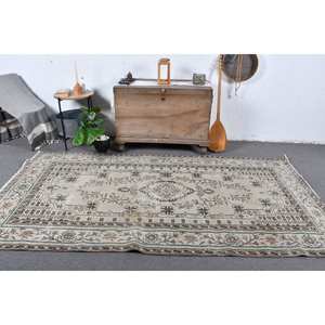 Vintage 4x9ft Beige <b>Brown</b> <b>Wool</b> Rug Handmade Classic Turkish Rectangle Rugs with Patchwork Pattern Latex Backing for Bedside - Product Image 1