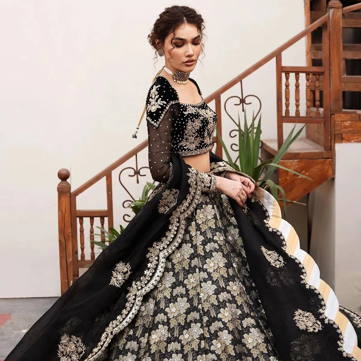 green emerald velvet dress BLACK HEAVY EMBROIDERED INDIAN WEDDING &amp; EVENING GOWN