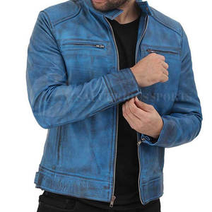 Veste en cuir bleu vieilli pour hommes patchs personnalisés col montant capuche hiver meilleure qualité toile séchage rapide réglable prix - Product Image 2