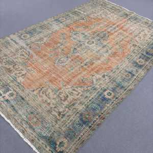 Vintage Turkish Large Rug 6x9.6 ft, <b>Brown</b> Blue Polka dot <b>Wool</b> Rug - Product Image 2