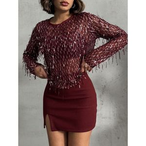 Blusa Elegante con Lentejuelas para Mujer, Marca TOPSHOW, Color Bordeaux Plateado Brillante, Manga Larga, Ideal para Fiestas y Eventos Nocturnos - Product Image 4
