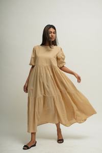 Recién llegado, maxi vestido de algodón Beige, cómoda túnica tejida en capas con bolsillos y mangas largas - Product Image 2
