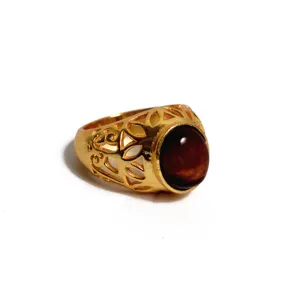新款古典复古红色蓝宝石黄铜镀金填充女性结婚戒指男士手工戒指