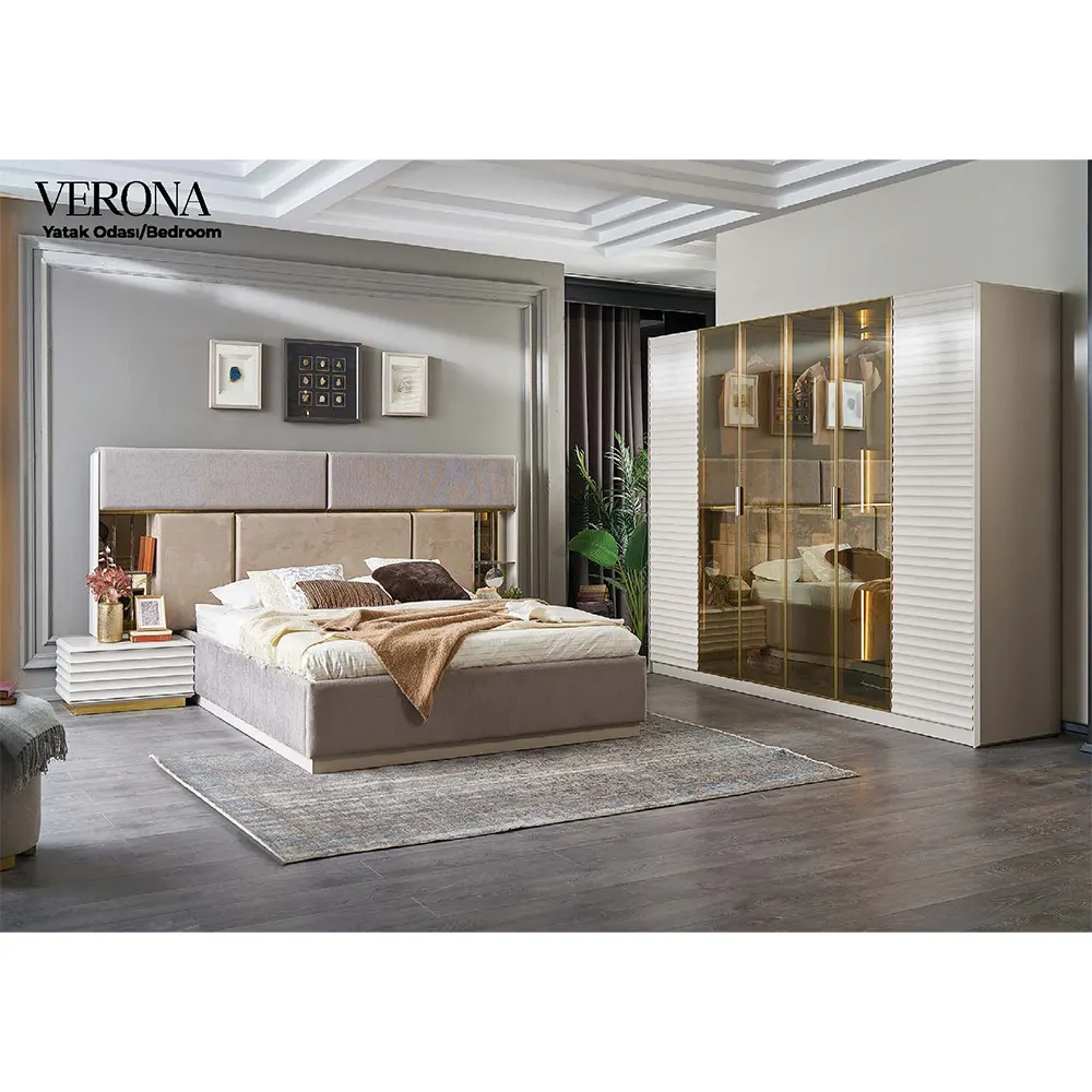 Juego de muebles de dormitorio modernos de lujo de estilo italiano con armario funcional muebles turcos espejo cabecero blanco brillante