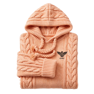 Sudadera con capucha de punto trenzado color melocotón para mujer, jersey de manga larga con cordones trenzados, puños y dobladillo acanalados, top de punto personalizado - Product Image 4