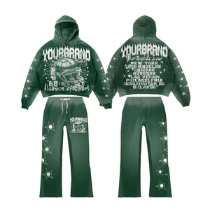 Ensemble survêtement unisexe vert streetwear avec sweat à capuche oversize court et pantalon de jogging, imprimé graphique, en molleton, vente en gros - Product Image 1