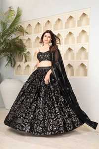 Lehenga noir en georgette de qualité supérieure de boutique indienne, orné de magnifiques sequins, travail lourd avec un cancan, vêtements pour femmes les plus vendus - Product Image 3