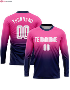 Sublimación personalizada de manga larga uniforme de fútbol Jersey Rosa Blanco-Azul marino se desvanecen conjunto de moda 100% material de poliéster - Product Image 2