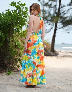 Fait à la main indien Tie Dye femmes longue rayonne été automne Vintage multicolore dos nu licou cou luxe léger 1 - Product Image 3