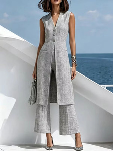 Traje de dos piezas elegante gris para mujer, con chaleco largo y pantalón, estilo europeo y americano, para venta transfronteriza en plataformas independientes, colección 2026 - Product Image 1