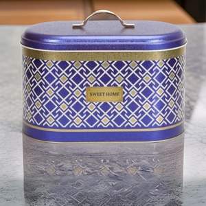 Kontensan EF00293 178x338x200mm Contenant de stockage alimentaire Motif sans couture Lignes géométriques Fond bleu Boîte à pain en métal - Product Image 5