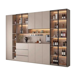 Consola de comedor personalizada con paneles de madera de ingeniería, sección de vidrio decorativa, iluminación suave, cajones, estantes abiertos y diseño específico para la habitación. - Product Image 1
