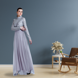 Elegante vestido de noche de diseñador para mujer, lentejuelas plateadas, cuello alto, plisado, tul, rebordear, manga larga, hecho a mano, fiestas cómodas - Product Image 4