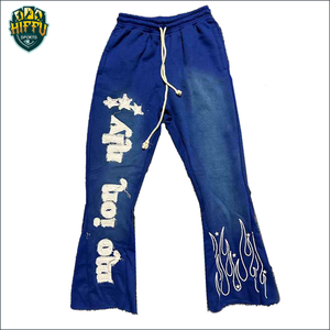 Pantalon de survêtement évasé de haute qualité pour hommes, pantalon en polaire empilé personnalisé avec 3D pour impression bouffante, décontracté, style urbain, devant plat - Product Image 2