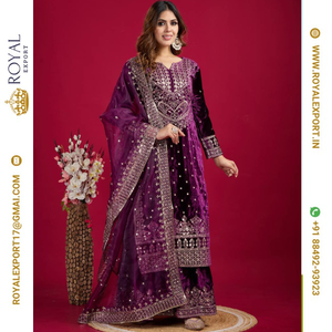 Présentant le velours de viscose lourd exclusif avec le fabricant de collections de costumes de broderie lourde par Royal Export à Surat Gujarat - Product Image 1