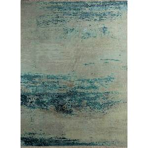 Tapis en laine et soie noué à la main Entropy Blue, design abstrait patchwork, pour salon et chambre d'adolescent, fait main, rectangulaire, Skws-83 - Product Image 1