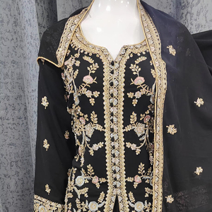 Intrincado elegante Zarkan piedras bordadas pesado Dupatta borde Faux Georgette Gharara Plazo conjunto indio y paquistaní ropa - Product Image 1