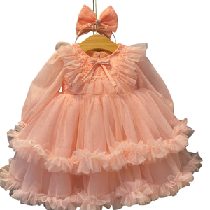 เดรสเด็กผู้หญิงลายดอกไม้สีชมพูลำลองสไตล์วินเทจมีหลายชั้นดีไซน์เชือกแขวนคอตาข่ายนุ่มๆโอกาส odm/OEM - Product Image 1