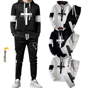 Chándal con letras estampadas para hombre, conjunto de 2 piezas de Sudadera con capucha, ropa deportiva informal de hiphop, jersey de manga larga - Product Image 5