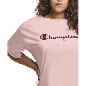 T-shirt da donna Champion aderente con logo, in jersey di cotone rosa, taglie XXS XS XL, lunghezza corta, traspirante con inserti in mesh e scritta - Product Image 2
