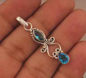 Pendentif en argent sterling 925 fait à la main avec deux pierres de topaze bleue suisse, pierre de naissance de décembre, cadeau de bijoux - Product Image 6