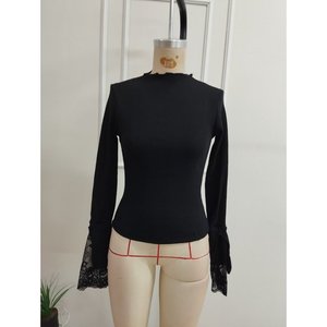 Women'<b>s</b> Long-Sleeved Semi-Turtleneck <b>Blouse</b> with Lace Detail on Sleeves, 37602 - Black - Product Image 4