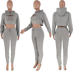 Femmes Sexy 3 pièces toile survêtement à manches longues pull haut court à capuche débardeur cordon pantalon avec bouton décoration - Product Image 6