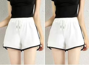 Short de planche en coton et lin taille haute pour femmes européennes et américaines à la mode bourgeon floral grande jambe large cordon de serrage teint uni - Product Image 5