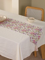Chemin de table double couche en toile slub premium imprimée au bloc, motif floral, avec pompons, style damassé tissé, rose floral pour salle à manger