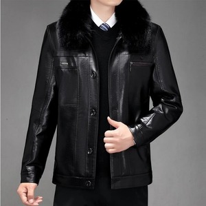 Vêtements d'extérieur d'hiver à manches longues pour hommes Veste en cuir PU avec col en fourrure de mouton Tissu en toile - Product Image 2