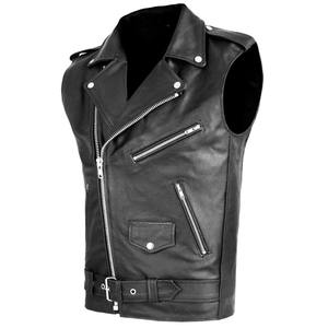 Gilet en cuir vintage personnalisé avec logo, veste de club de motards pour hommes, col à revers, fermeture éclair, streetwear, mode, haut sans manches - Product Image 1