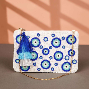 Sac à main de luxe élégant et haut de gamme pour femme, blanc et bleu, avec perles de coton motif œil porte-bonheur, sacs à bandoulière avec fermeture éclair, vente en gros - Product Image 3