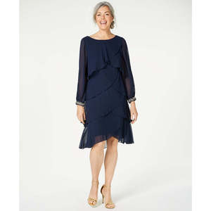 S.L. Abito da donna in chiffon a balze a maniche lunghe, taglia 18, blu navy, con vita naturale, modello A-Line - Product Image 1