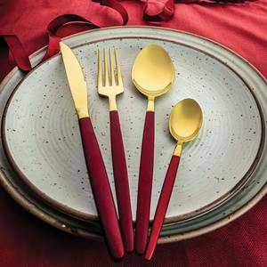 Juego de cubiertos de acero inoxidable Vintage moderno de 4 piezas, cubiertos rojos dorados de lujo para el hogar, restaurante, fiesta de bodas, venta al por mayor de fábrica - Product Image 4